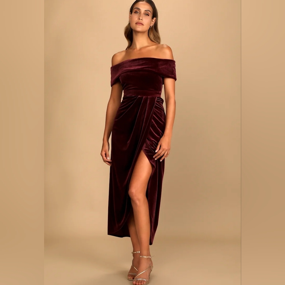 Lulu's I'm Enchanted Off-Shoulder Burgundy Velvet Dress